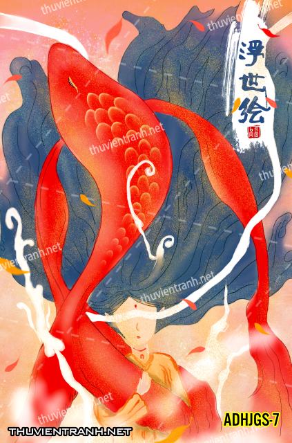 Tranh dán tường Cô gái  Nhật Bản mặc kimono, tranh minh họa cô gái Nhật Bản xưa -ADHJGS-7 - Tranh tường chất lượng cao